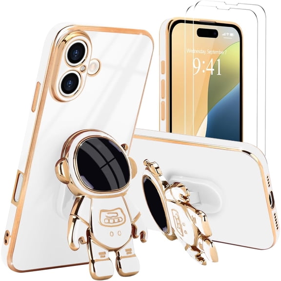 for iPhone 16 Plus Case, Cute 3D Astronaut Stand with [2 Screen Protector] [Camera Protection] Kickstand Shockproof Bling Silicone Soft Back Cover for Apple iPhone 16 Plus Phone Case, White