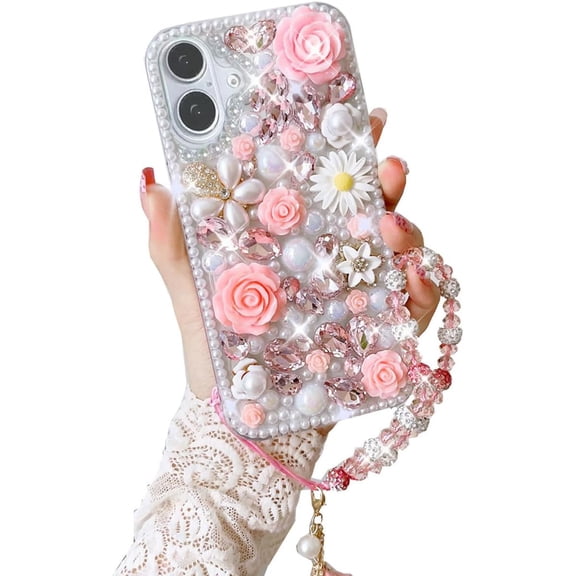 for iPhone 16 Plus Case,Cute Bling Glitter Sparkle Stunning Stones Diamond Rhinestone 3D Handmade Pearl Rose Flower with Wrist Lanyard for Women Girly for iPhone 16 Plus (Pink)