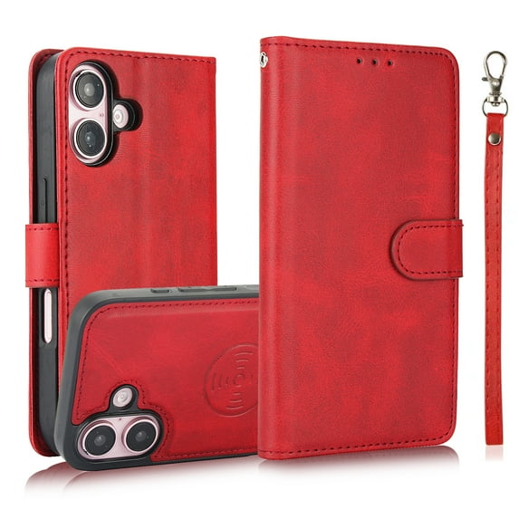 for iPhone 16 Plus Case Detachable Magnetic Wallet Case with Card Holder, 2 in 1 PU Leather Flip Folio Case with Kickstand Wrist Strap Shockproof Protective Phone Case Cover for iPhone 16 Plus, Red