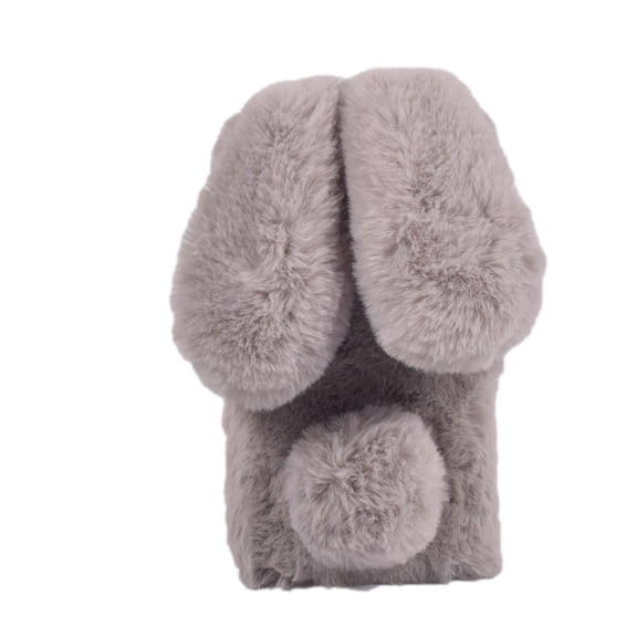 for iPhone 16 Plus Case for Girls, Luxury Women Cute Toy Warm Furry Fuzzy Soft Rabbit Ear Faux Fur Hair Plush Diamond Camera Frame Warm Winter Skin Case Cover for iPhone 16 Plus, Lightgray
