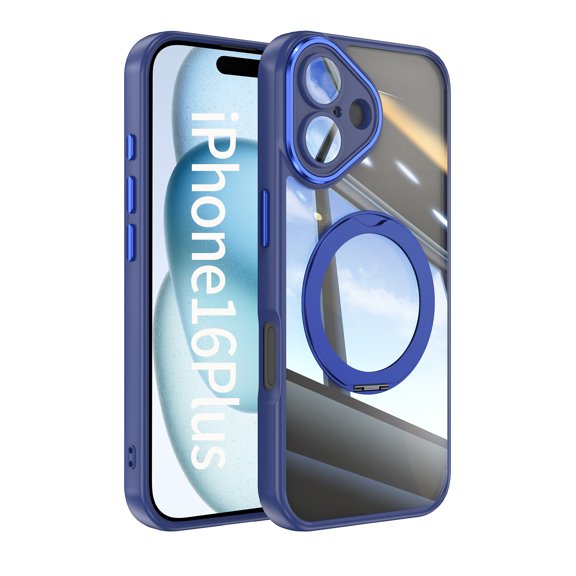 for iPhone 16 Plus Case with Integrated Lens Protector, [Foldable Stand & Rotatable Ring Holder], Glossy Shockproof Bumper Dustproof Clear Women Men Case for iPhone 16 Plus, Blue