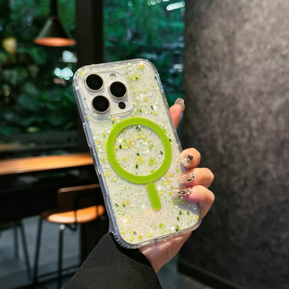 for iPhone 16 Plus Case Magnetic Clear Glitter Bling Sparkly Cute Case, Women Girls Compatible with MagSafe, for iPhone 16 Plus, Shiny Transparent Anti-Scratch Protective Phone Cover, Green