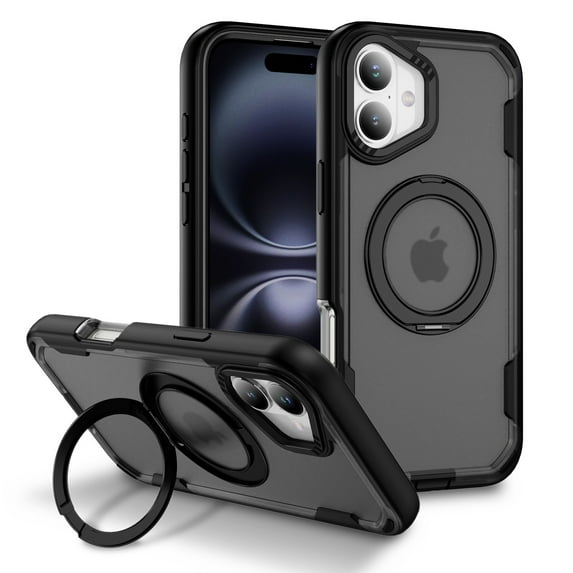 for iPhone 16 Plus Case with Magnetic Ring Stand, Support Wireless Charging, Military Grade Drop Protection Rugged Hybrid Phone Case for iPhone 16 Plus Shockproof Cover, Black/Gray