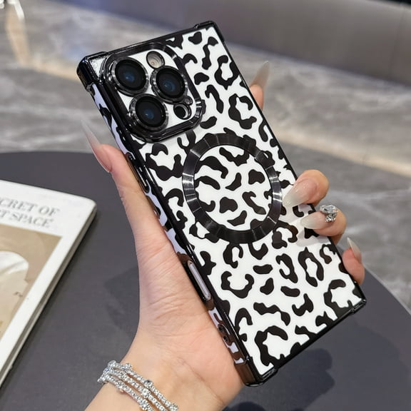 For iPhone 16 Plus Case Magnetic,Soft Cute Luxury Leopard Pattern Plating Glitter Plating Phone Case Compatible with MagSafe Clear Shockproof Back Cover for Women Girl,White