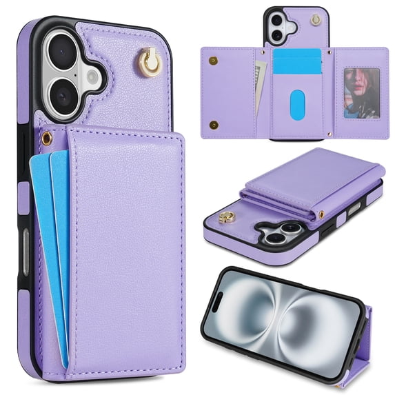 for iPhone 16 Plus Case, PU Leather Crossbody Wallet Case with Card Holder, Kickstand, Magnetic Clasp Folio Zipper Purse, Adjustable Removable Strap, Protective Back Cover, Purple