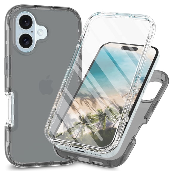 for iPhone 16 Plus Case, iPhone 16 Plus Phone Case with Built-in Screen Protector Clear Slim Back Cover Shockproof Rugged Heavy Duty Bumper Full Body Protective Case, Black