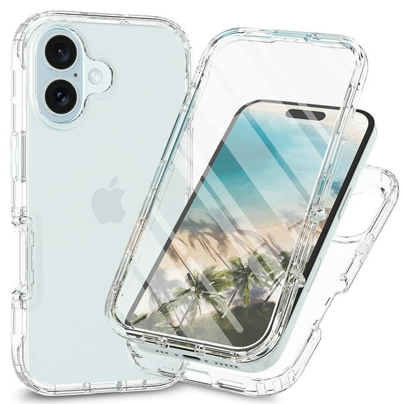 for iPhone 16 Plus Case, iPhone 16 Plus Phone Case with Built-in Screen Protector Clear Slim Back Cover Shockproof Rugged Heavy Duty Bumper Full Body Protective Case, Clear