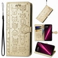 thumbnail image 1 of for iPhone 16 Plus Case, Premium PU Leather Wallet Case [Cat & Dog & Flowers Embossed] Card Slots Kickstand Magnetic Closure Flip Case Cover for iPhone 16 Plus, Gold, 1 of 5