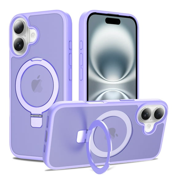 for iPhone 16 Plus Case with Ring Kickstand, Compatible with MagSafe, Ultra Slim Lightweight Drop Protective Cover, Luxury Shockproof Anti-Scratch Translucent Back Phone Case, Lightpurple