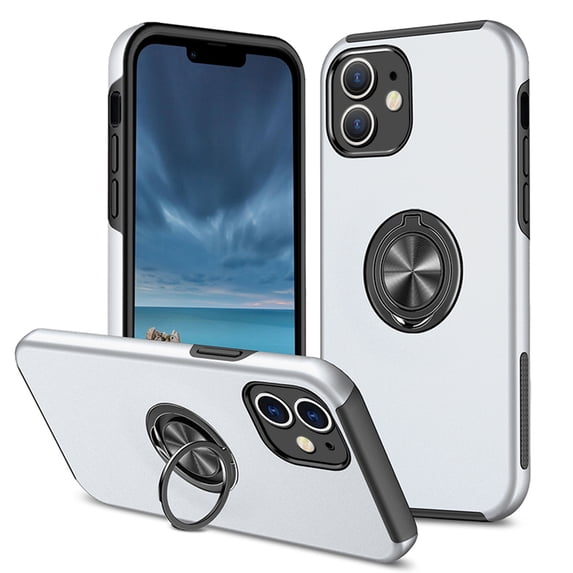 for iPhone 16 Plus Case with Ring Stand, 360° Rotatable Ring Holder Magnetic Kickstand, 2-Layer Heavy Duty Shockproof Rugged Hybrid Hard PC Soft Rubber Case for iPhone 16 Plus, Silver