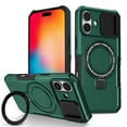 thumbnail image 1 of For iPhone 16 Plus Case with Ring Stand [360° Rotatable Ring Holder Magnetic Kickstand] [Support Car Mount] [Compatible with MagSafe] [Camera Lens Silde Protection] Hard PC Shockproof Case,Darkgreen, 1 of 10