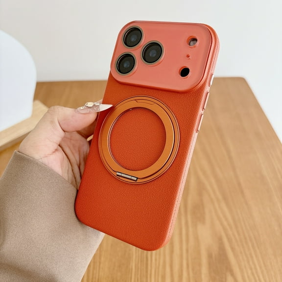 for iPhone 16 Plus Case with Ring Stand, Compatible with MagSafe, Slim PU Leather Drop Proof Magnetic Kickstand Drop Protective Acrylic Camer Cover Phone Case with Lens Protector, Orange