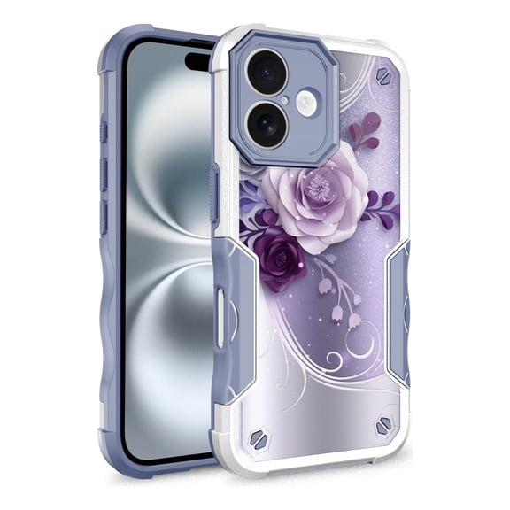 iPhone 16 Plus Case, Rosebono Hybrid Dual Layer Graphic Design Pattern Heavy Duty Protection Case For iPhone 16 Plus (Purple Flower)