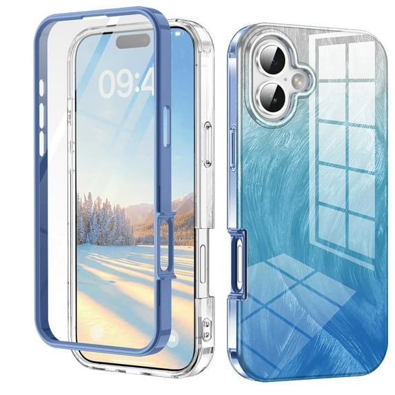 iPhone 16 Plus Case with Screen Protector, Gradient Color Feather Pattern Full Body Shockproof Protective Anti-Scratch Drop Proof Slim Fit Phone Case for Apple iPhone 16 Plus, Blue