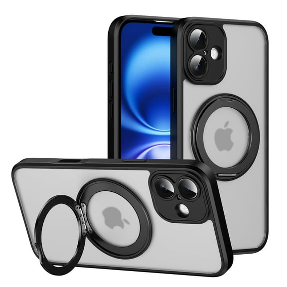 for iPhone 16 Plus Case with Stand, Compatible with MagSafe, Translucent Back, Magnetic Ring Holder & Protective Bumpers, Non-Yellowing Case with Camera Control Capture Button - Black