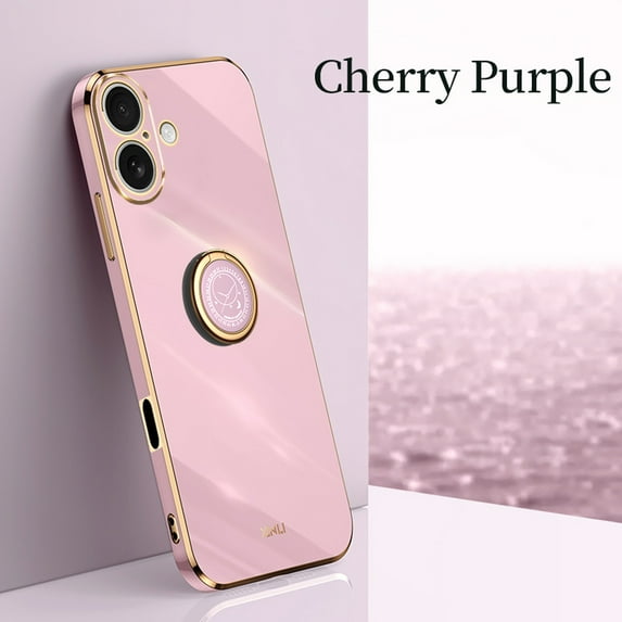 for iPhone 16 Plus Case with Stand Rotatable Ring Holder Kickstand Gold Plating Slim Cover for Women Men Anti-Scratch Shockproof Protective Phone Case for iPhone 16 Plus, Purple