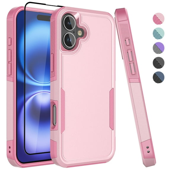 For iPhone 16 Plus Case with Tempered Glass Screen Protector, Tekcoo Heavy Duty Rugged Military Grade Protection Dual Layer Shockproof Phone Case Cover for Apple iPhone 16 Plus - Rose Gold