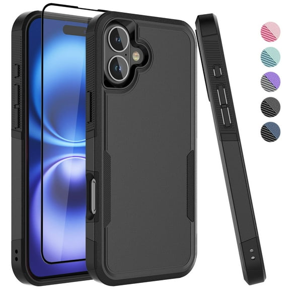 For iPhone 16 Plus Case with Tempered Glass Screen Protector, Tekcoo Heavy Duty Rugged Military Grade Protection Dual Layer Shockproof Phone Case Cover for Apple iPhone 16 Plus - Black