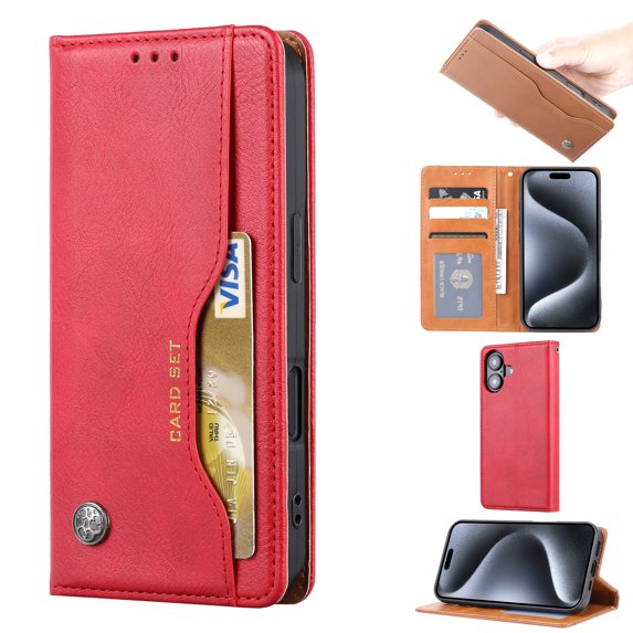 for iPhone 16 Plus Case Wallet, Business Design with Card Slot Photo Kickstand Magnetic Soft PU Leather Flip Fold Case for iPhone 16 Plus Wallet Case, Red