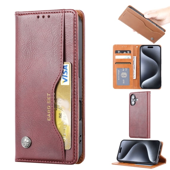 for iPhone 16 Plus Case Wallet, Business Design with Card Slot Photo Kickstand Magnetic Soft PU Leather Flip Fold Case for iPhone 16 Plus Wallet Case, Winered