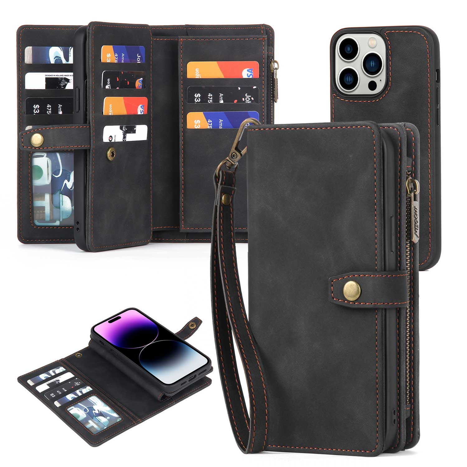 for iPhone 16 Plus Case, Wallet Case for Women Men, Durable PU Leather Magnetic Flip Lanyard Strap Wristlet Zipper Card Holder Wallet Phone Cases for iPhone 16 Plus, Black