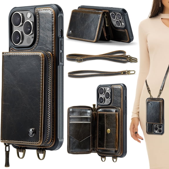 for iPhone 16 Plus Case Wallet, Crossbody Zipper Purse Handbag with RFID Blocking Card Slots Kickstand, Detachable Shoulder Lanyard Flip Style PU Leather Shockproof Case for iPhone 16 Plus,Coffee