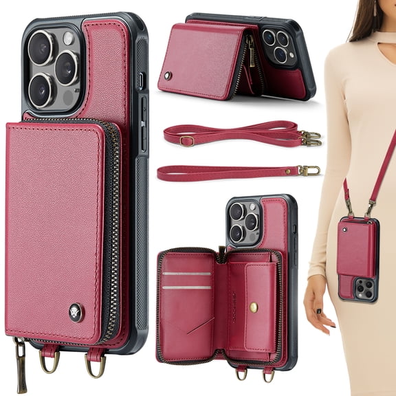 for iPhone 16 Plus Case Wallet, Crossbody Zipper Purse Handbag with RFID Blocking Card Slots Kickstand, Detachable Shoulder Lanyard Flip Style PU Leather Shockproof Case for iPhone 16 Plus,Red