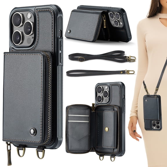 for iPhone 16 Plus Case Wallet, Crossbody Zipper Purse Handbag with RFID Blocking Card Slots Kickstand, Detachable Shoulder Lanyard Flip Style PU Leather Shockproof Case for iPhone 16 Plus,Black