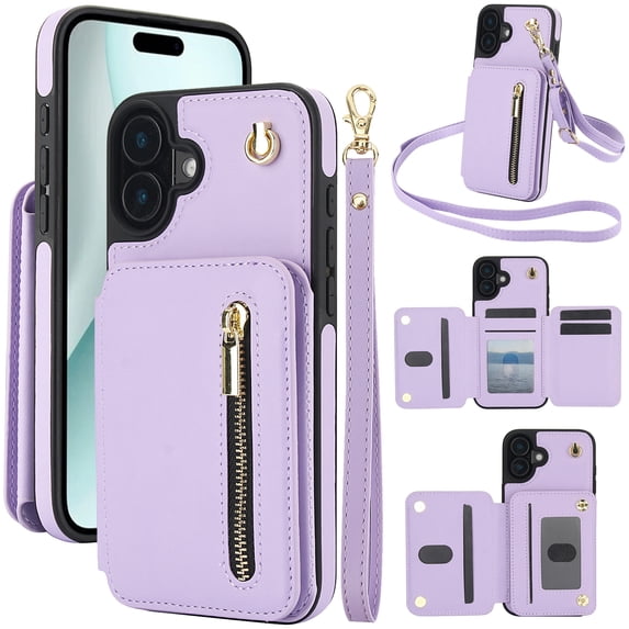 for iPhone 16 Plus Case Wallet for Women, Removable Adjustable Shoulder Strap Flip PU Leather Slim Back Zipper Purse Case with Card Slot Holder Stand RFID Blocking Magnetic Buttons, Lightpurple