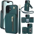 thumbnail image 1 of for iPhone 16 Plus Case Wallet for Women, Removable Adjustable Shoulder Strap Flip PU Leather Slim Back Zipper Purse Case with Card Slot Holder Stand RFID Blocking Magnetic Buttons, Green, 1 of 8