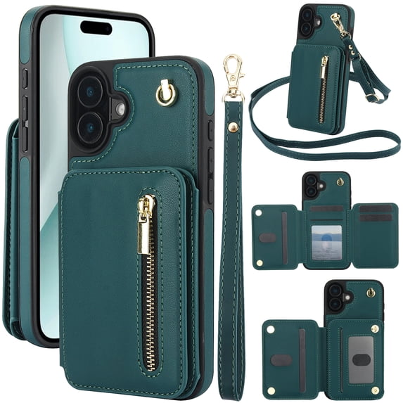 for iPhone 16 Plus Case Wallet for Women, Removable Adjustable Shoulder Strap Flip PU Leather Slim Back Zipper Purse Case with Card Slot Holder Stand RFID Blocking Magnetic Buttons, Green