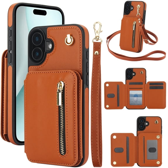 for iPhone 16 Plus Case Wallet for Women, Removable Adjustable Shoulder Strap Flip PU Leather Slim Back Zipper Purse Case with Card Slot Holder Stand RFID Blocking Magnetic Buttons, Brown