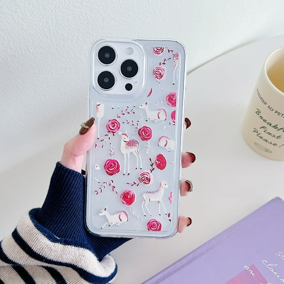 For iPhone 16 Plus Case for Women Girls, Stylish Back Cover Soft TPU Shockproof Drop Protective Slim Fit Anti-Scratch Bumper Phone Case for Apple iPhone 16 Plus, Flower & Deer