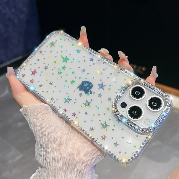 for iPhone 16 Plus Case for Women, Glitter Back & Diamond Frame, Slim TPU Shockproof Cover Stylish Sparkly for Girls, Luxury Shockproof Drop Protection Anti-Scratch Phone Case, Star