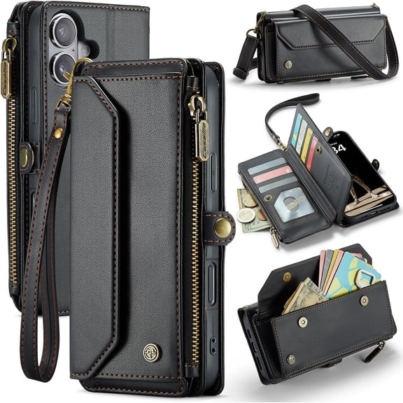 for iPhone 16 Plus Case, Women Men Multi-Function Wallet Case with Stand RFID Blocking Featuring Magnetic Closure Zipper Includes Shoulder Strap Wrist Strap