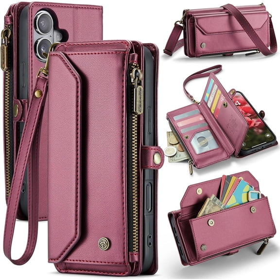 for iPhone 16 Plus Case, Women Men Multi-Function Wallet Case with Stand RFID Blocking Featuring Magnetic Closure Zipper Includes Shoulder Strap Wrist Strap