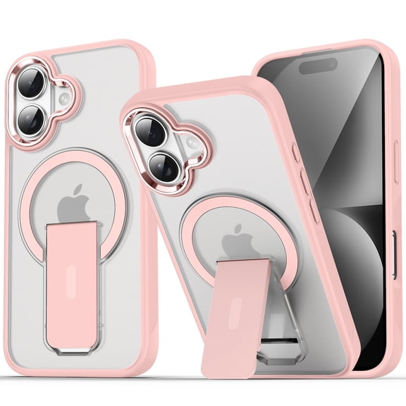 for iPhone 16 Plus Clear Case [360°Rotatable Magnetic Ring Stand], [Compatible with Mag-Safe] Military Drop Protection Hybrid Bumper, Wireless Charging Ring Holder Cover for Men Women,Pink