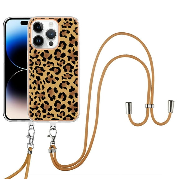 for iPhone 16 Plus Crossbody Strap Phone Case, Anti-Fall Pattern Clear Design Transparent Soft & Flexible TPU Drop and Shockproof Protective Cover with Adjustable Nylon Neck Strap, Leopard