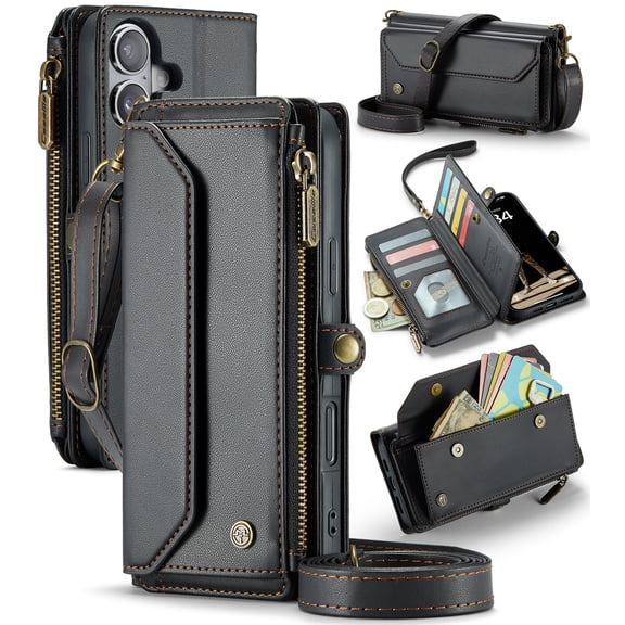 For iPhone 16 Plus Crossbody Wallet Case, with 10 Card Slots, Zipper RFID Blocking Pocket and Magnetic Flip Folio 3-in-1 PU Leather Wristlet Shoulder Strap Case,Black