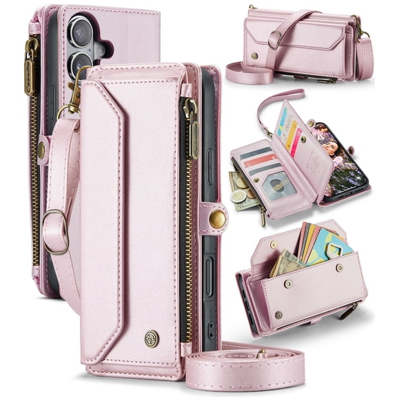 For iPhone 16 Plus Crossbody Wallet Case, with 10 Card Slots, Zipper RFID Blocking Pocket and Magnetic Flip Folio 3-in-1 PU Leather Wristlet Shoulder Strap Case,Pink