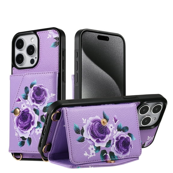 for iPhone 16 Plus Crossbody Wallet Case with Card Holder, Flower Pattern Back Flip PU Leather Case Stand Purse Case for Women Girls with Wrist Strap Lanyard, RFID Blocking Shockproof Cover, Purple