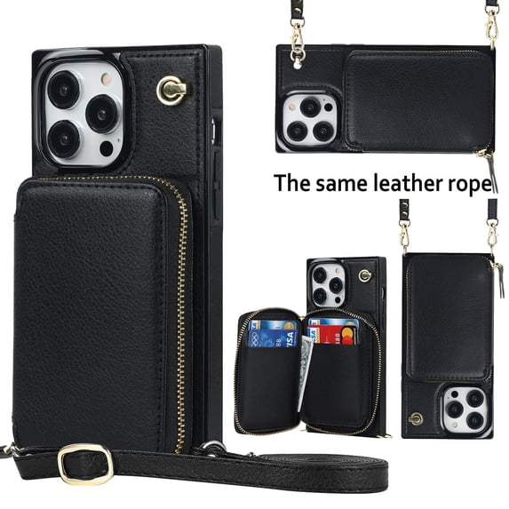 iPhone 16 Plus Crossbody Wallet Case, Zipper Pocket Phone Case Cross Body Strap with RFID Blocking Carring Bag Credit Card Premium Leather Kickstand Shockproof Case For iPhone 16 Plus, Black
