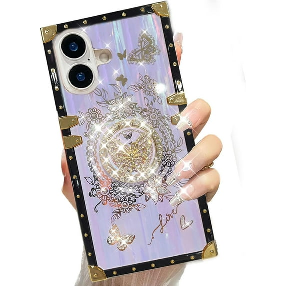 for iPhone 16 Plus Cute Case with Kickstand, Woman Girly Luxury Glitter Butterfly Foldable Stand Shockproof Reflective Marble Shell Floral Pattern Flexible Cover for iPhone 16 Plus (Purple)