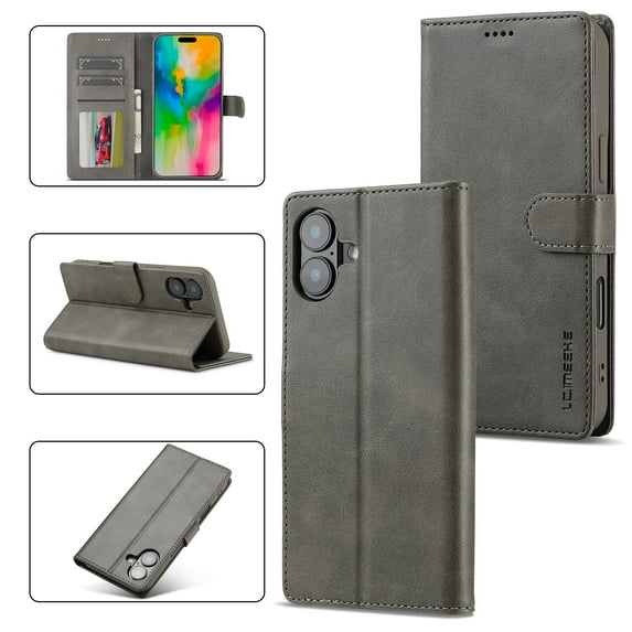 for iPhone 16 Plus Flip Wallet Case, Classic Card Slots Kickstand Strong Magnetic Premium PU Leather Drop Protective Shockproof Phone Case for iPhone 16 Plus, Gray