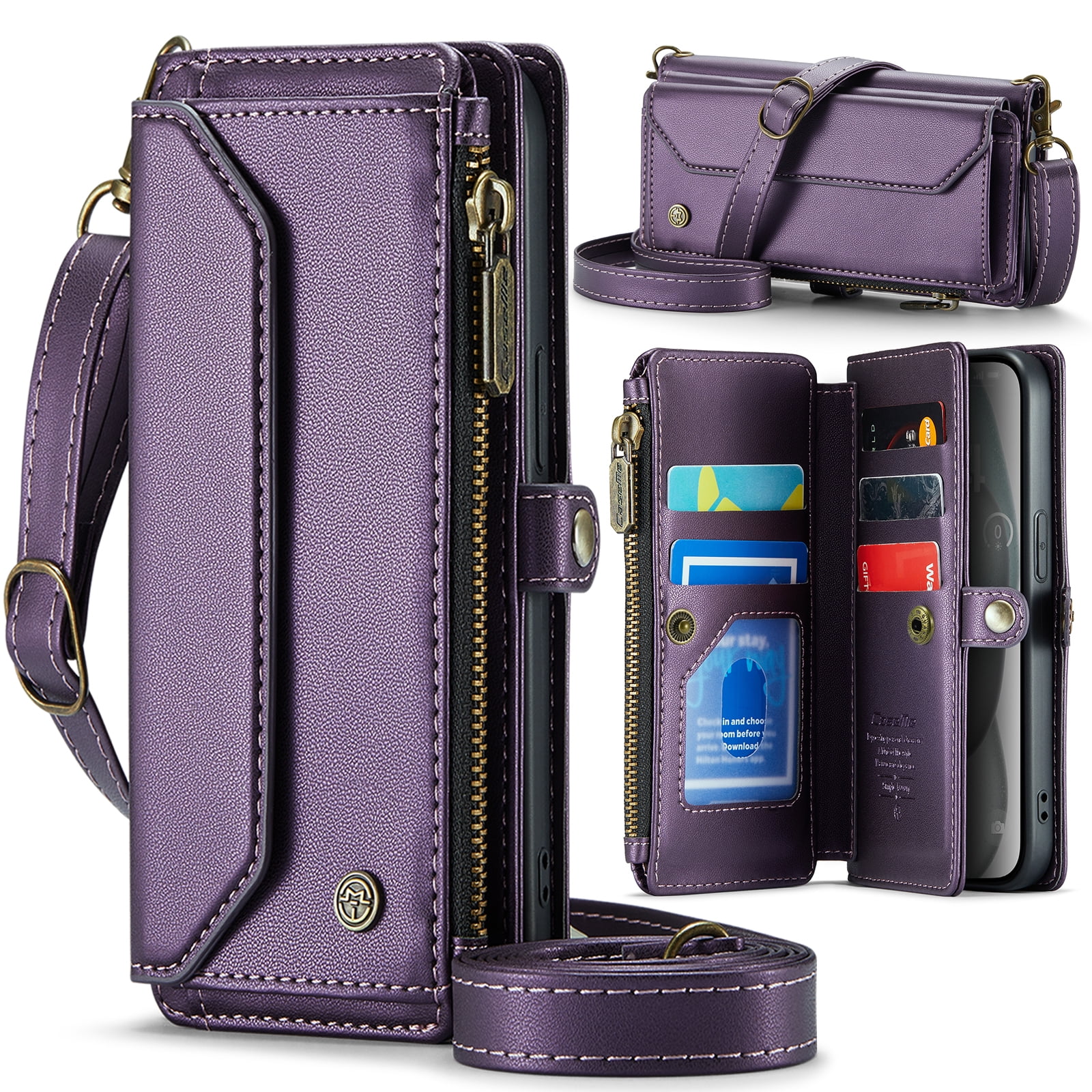 for iPhone 16 Plus Full Body Protection Wallet Folio Flip Case, Shoulder Strap & Wristlet Card Slots Zipper Pocket RFID Blocking Rugged Durable PU Leather Phone Case Cover, Purple