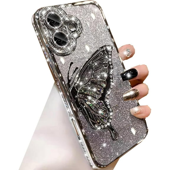 for iPhone 16 Plus Glitter 3D Butterfly Case,Cute Luxury Bling Sparkly Diamond Rhinestones Liquid Flowing Case with Camera Protector TPU Bumper Women Girls Case for iPhone 16 Plus 6.7",Silver