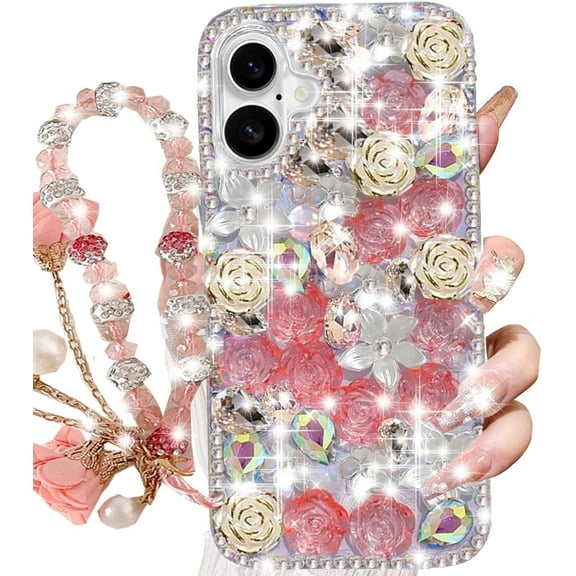 for iPhone 16 Plus Glitter Bling Case,Cute Luxury 3D Sparkle Crystal Rhinestone Flowers Shiny Gems Diamond Pearl with Lanyard Wrist Strap Women Girls Phone Case for iPhone 16 Plus 6.7" (Pink)