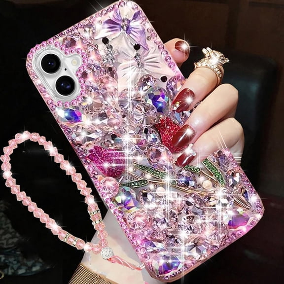 for iPhone 16 Plus Glitter Bling Case,Cute Luxury 3D Sparkle Rose Flower Butterfly Crystal Rhinestones Diamond Gemstone Pearl with Lanyard Wrist Strap Women Girls Case for iPhone 16 Plus,Pink