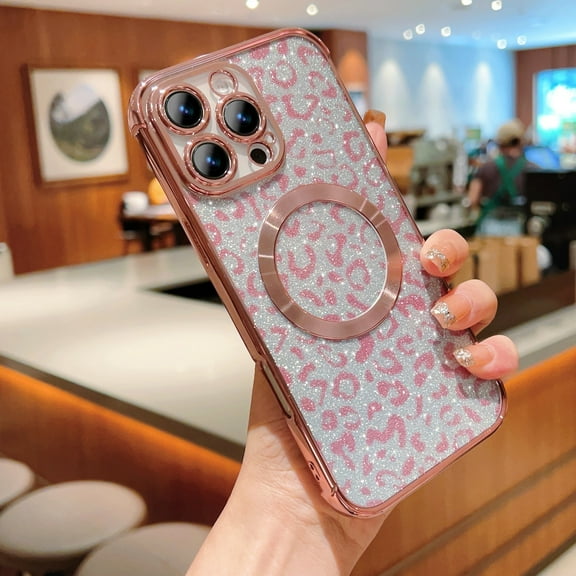 for iPhone 16 Plus Glitter Magnetic Case, Compatible with Mag-Safe, Leopard Pattern Sparkle Paper Plating Bumper Clear Phone Cover Shockproof Non-Yellowing Case for iPhone 16 Plus, Pink