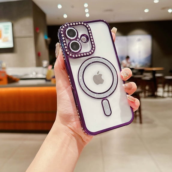 For iPhone 16 Plus Glitter Phone Case,Compatible with Magsafe,Luxury Bling Sparkly Rhinestones with Lens Film,Diamond-set Fram Design,Shockproof Anti-fall Transparent Phone Case,Darkpurple